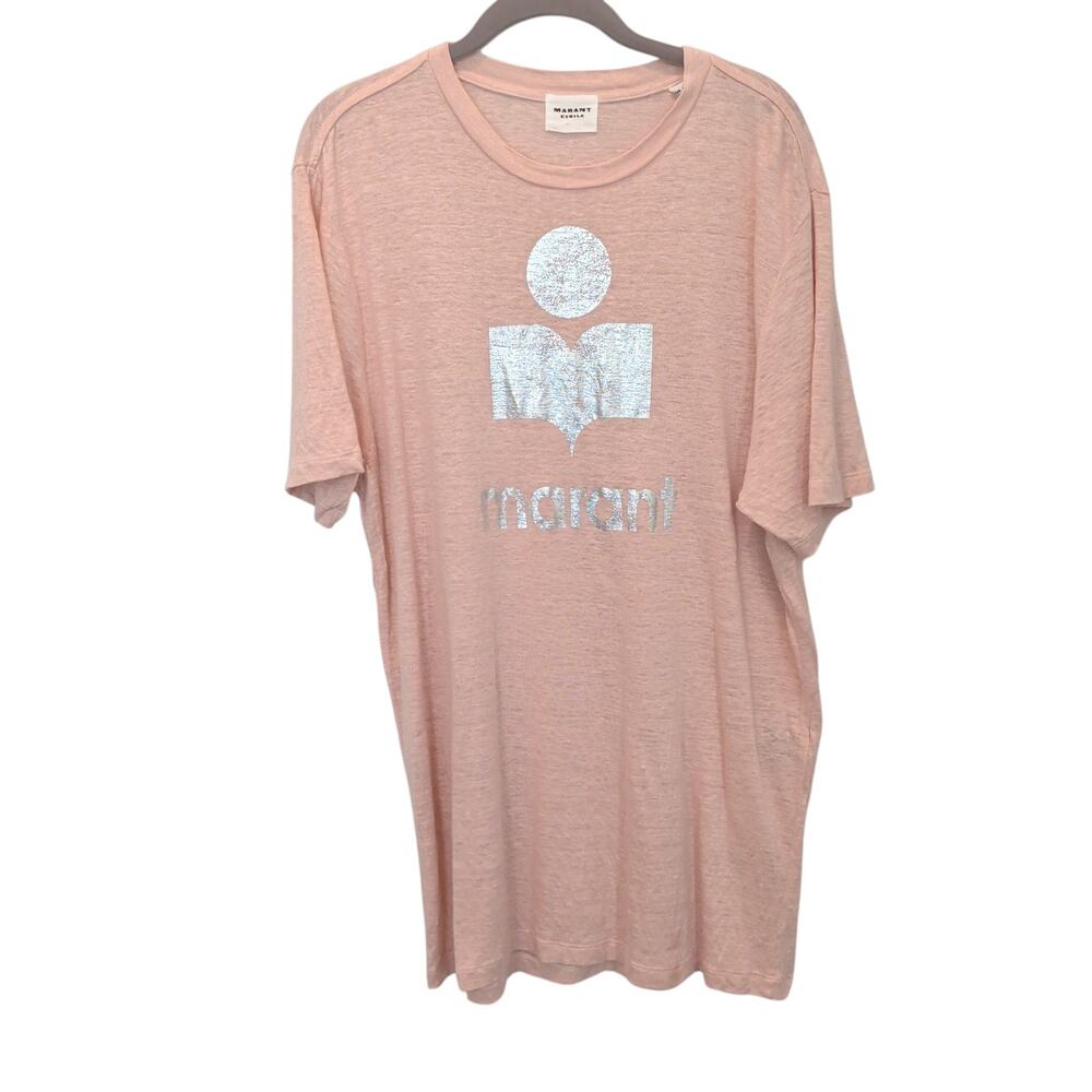 Isabel Marant Etoile Sz XL Zewel Linen T Shirt Pink Metallic Spellout Pearl Rose
